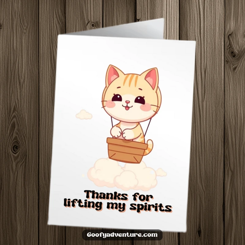 Funny Free Printable Cat in a hot air balloon above clouds, offering thanks for a ride.