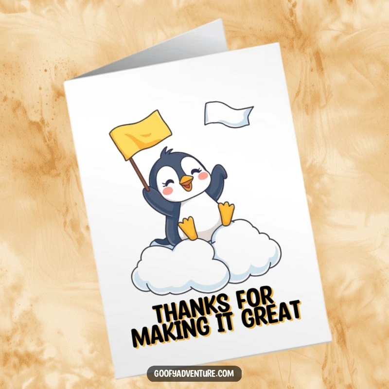 Funny Free Printable Penguin Thank You Card: A joyful penguin triumphantly plants a flag on a fluffy cloud. Downloadable gift.
