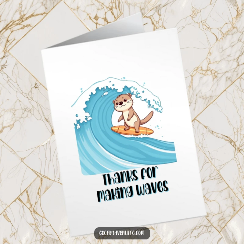 Funny Free Printable Otter Surfing a Big Wave Thank You Card, conveying gratitude with a splash.