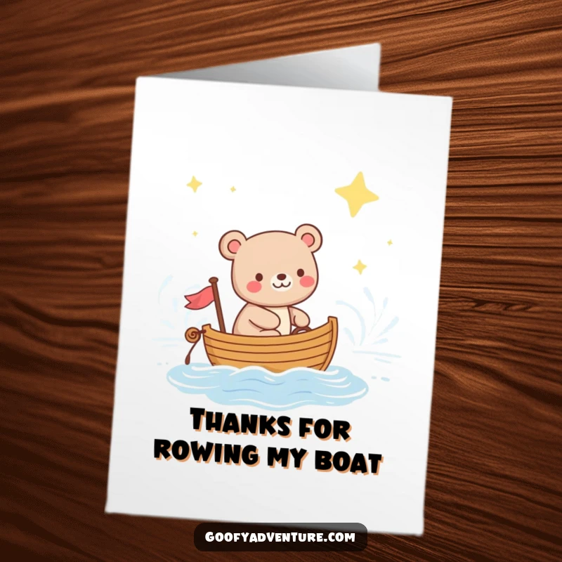 Funny Free Printable Bear sailing a boat on a starry ocean, expressing thanks for a journey.