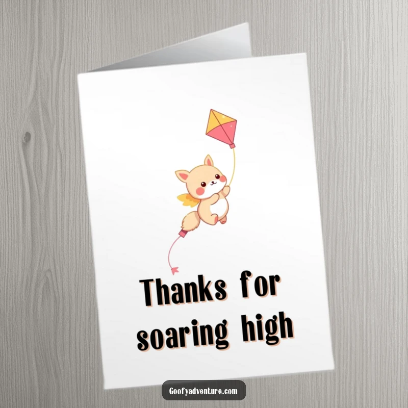 Funny Free Printable Thank You Card: Kawaii animal riding a kite, sending thanks with a cute and funny downloadable design.