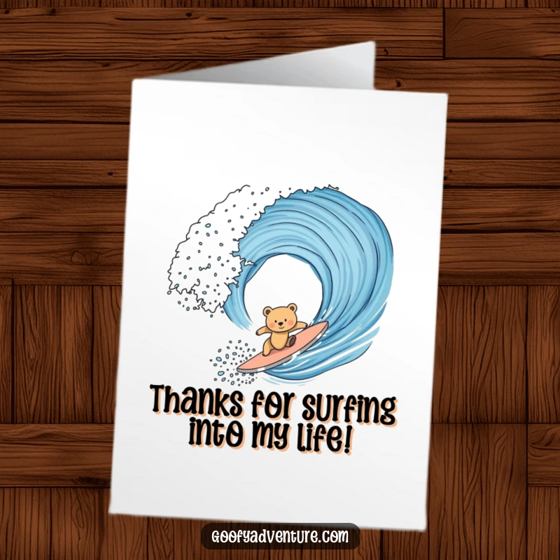 Funny Free Printable Thank You Card: Bear cub surfing a wave, expressing gratitude. Adorable and downloadable.