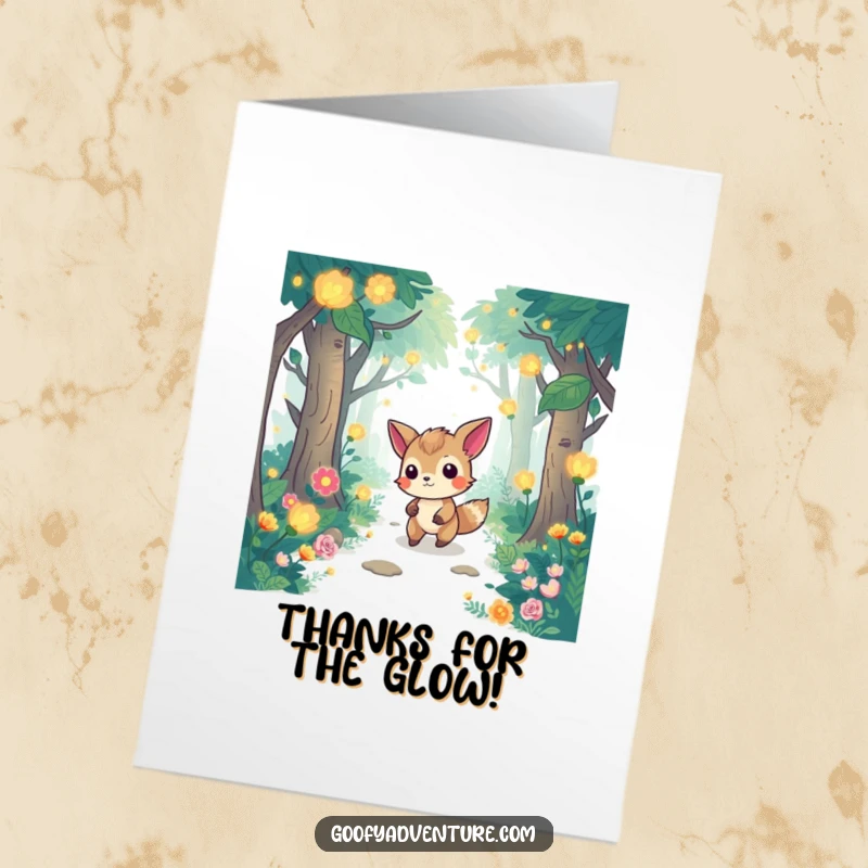 Funny Free Printable Thank You Card: Determined animal walks through a glowing forest, symbolizing appreciation.