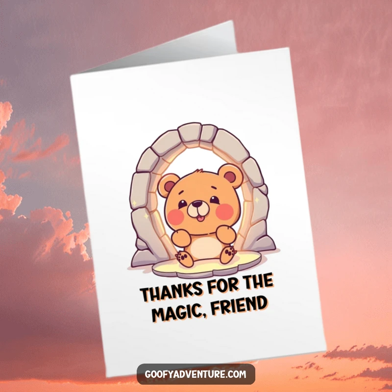 Funny Free Printable Thank You Card: Bear curiously looking into a glowing portal, expressing wonder.
