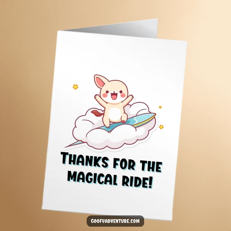 Funny Free Printable Thank You Card: Kawaii animal rides a cloud, expressing thanks with cheerful energy.