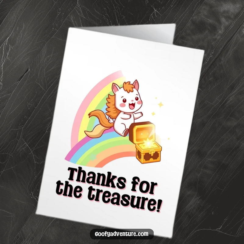 Funny Free Printable Thank You Card: Happy animal gallops on a rainbow towards a treasure chest of thanks.