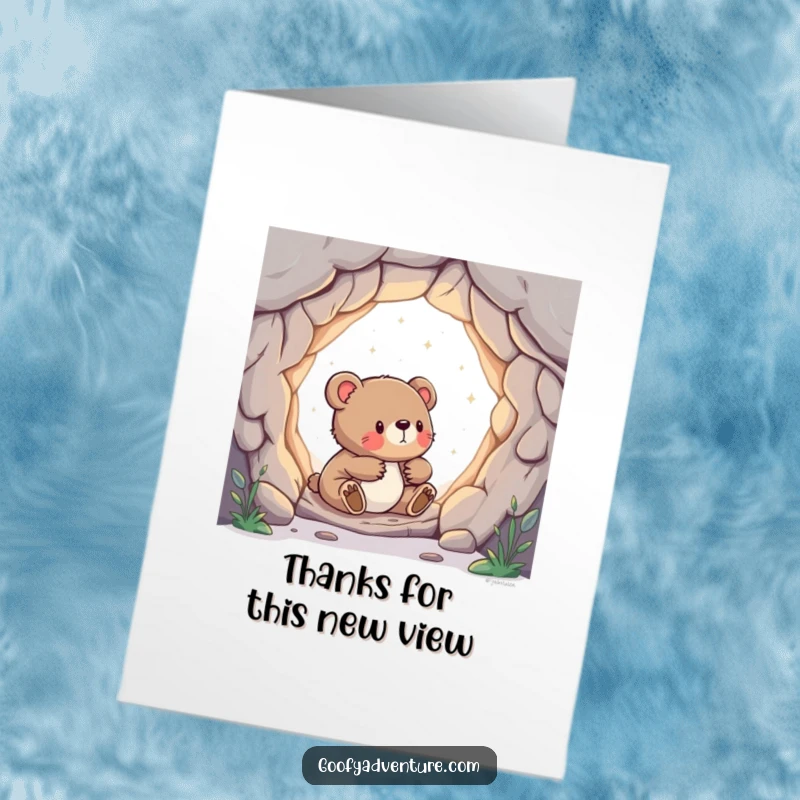 Free Printable Thank You Card: Curious bear cub finding portal, expressing gratitude, opening new paths, funny gift, DIY.