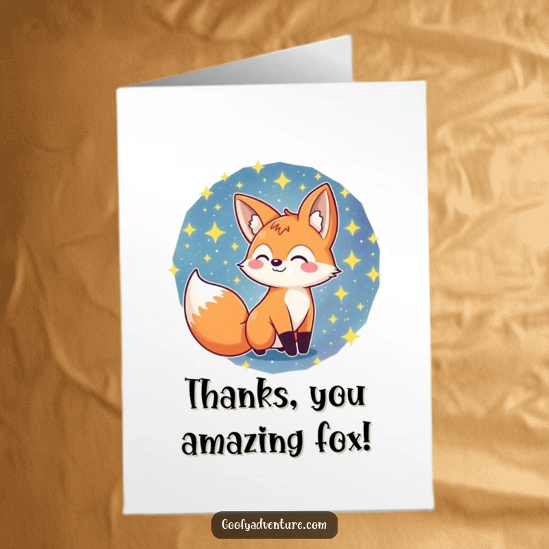 Funny Free Printable Thank You Card: A cheerful fox explores a swirling galaxy of stars, sending thanks across the universe.
