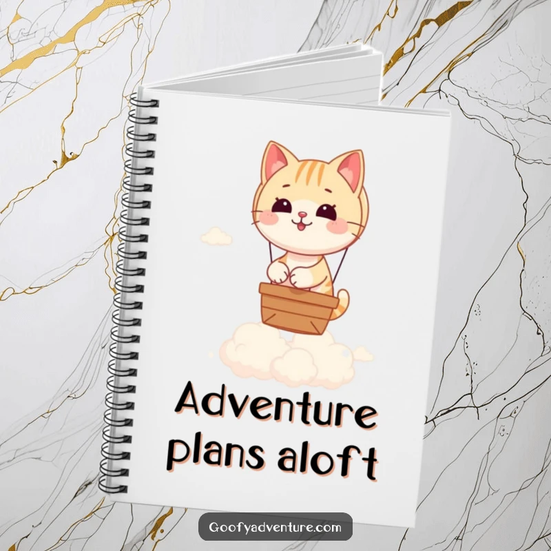 Funny notebook cover with a playful cat piloting a hot air balloon above fluffy clouds, ready to capture your notes and dreams.