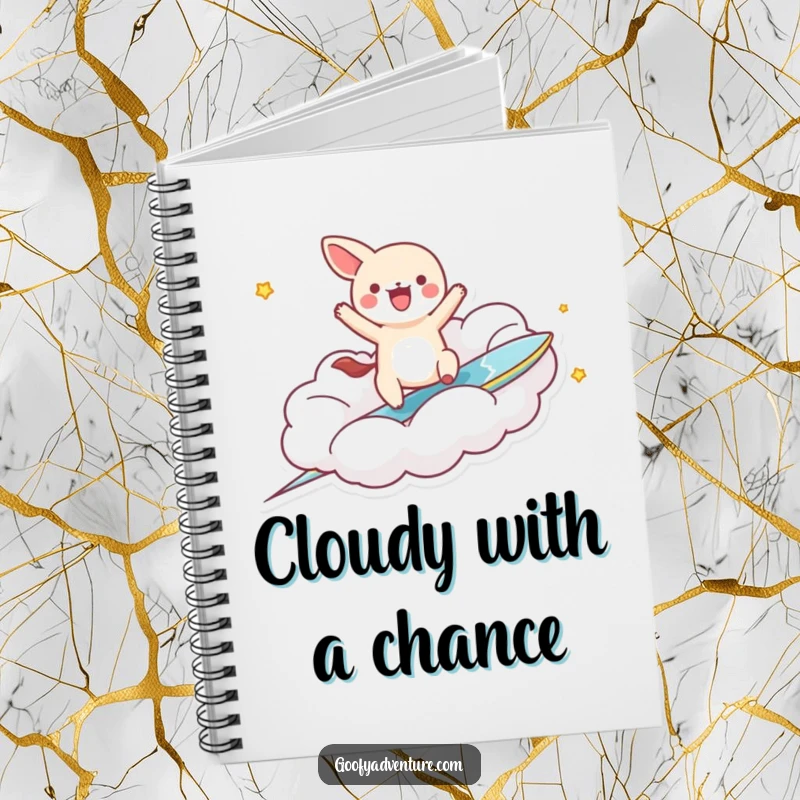 Funny kawaii animal character excitedly riding a fantastical cloud like a surfboard, on the cover of a notebook.