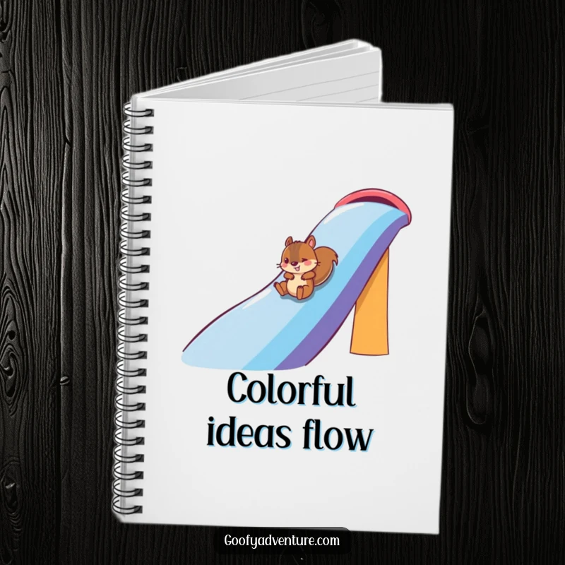 Funny squirrel character sliding down a rainbow on a notebook cover, inspiring creativity and fun, funny gift.