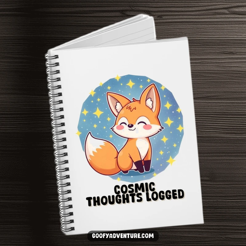 Funny fox character charting a course through a swirling galaxy of stars on a notebook cover, inspiring creativity, funny gift.