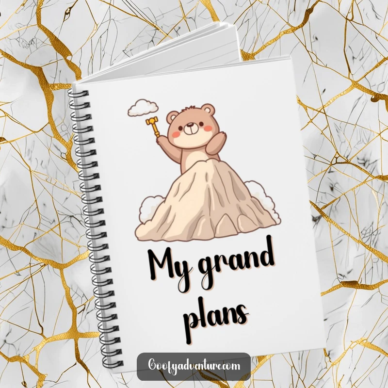 Funny notebook featuring a determined bear character climbing a fluffy cloud mountain, perfect for jotting down goals and achievements.
