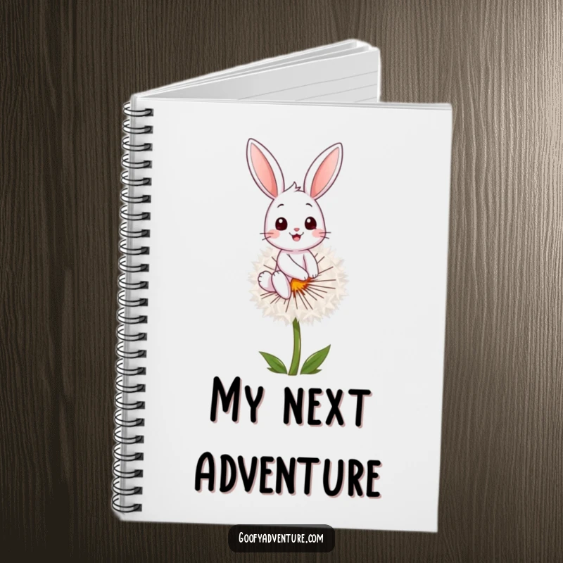 Funny bunny character riding a dandelion seed, featured on a notebook cover, inspiring creativity, funny gift.