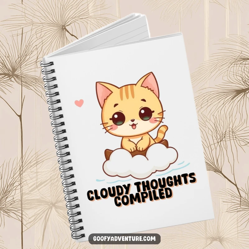 Funny cat character sailing on a cloud boat on a notebook cover, inspiring whimsical thoughts, funny gift.