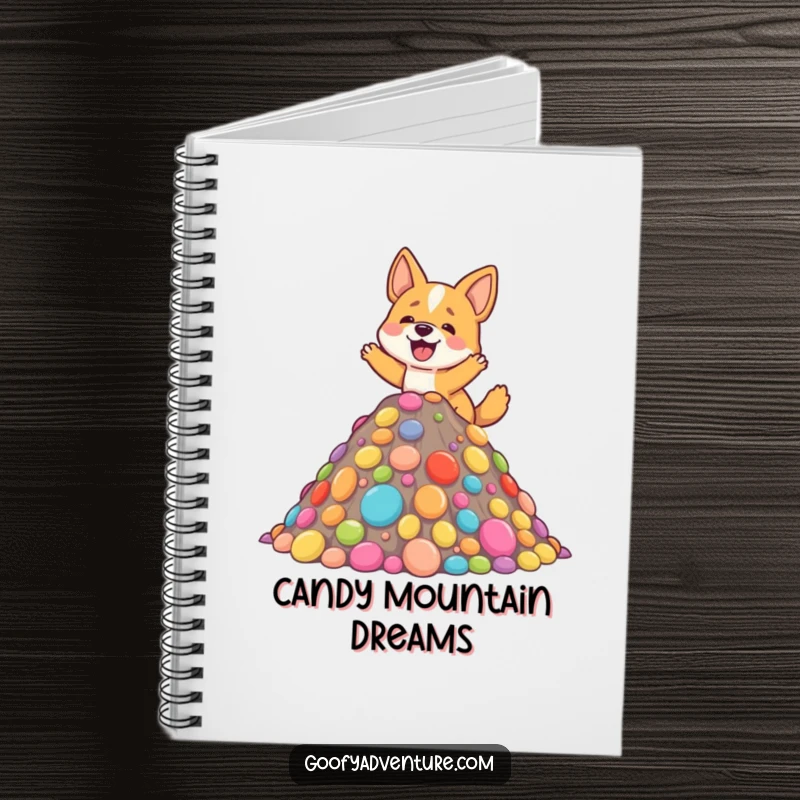 Funny notebook cover with an excited dog character climbing a vibrant candy mountain, ready to hold your notes and dreams.