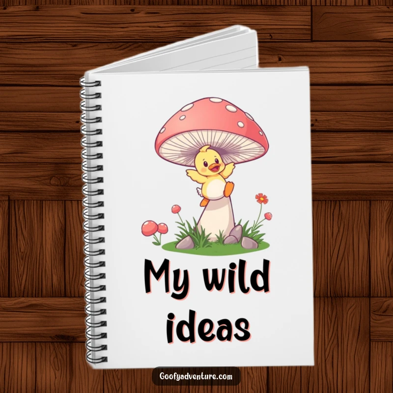 Funny duckling mushroom notebook, a playful duckling launching from a giant, springy mushroom, ideal for journaling.