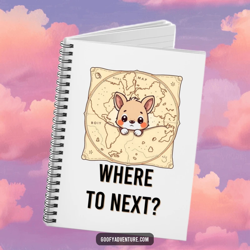 Funny notebook with a curious animal peeking from behind an ancient map, designed for jotting down adventures and ideas.
