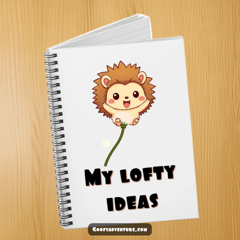 Funny notebook featuring a happy hedgehog character soaring on a dandelion seed, designed for capturing thoughts and creative inspirations.