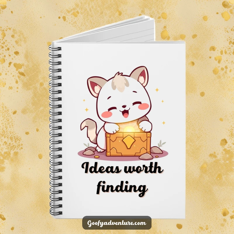Funny kawaii animal character joyfully discovering a glowing treasure chest, a humorous and inspiring notebook for ideas.