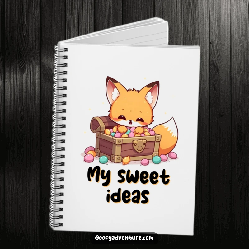 Funny Kawaii fox candy treasure notebook, discovering a hidden chest of sparkling candy, perfect for notes.