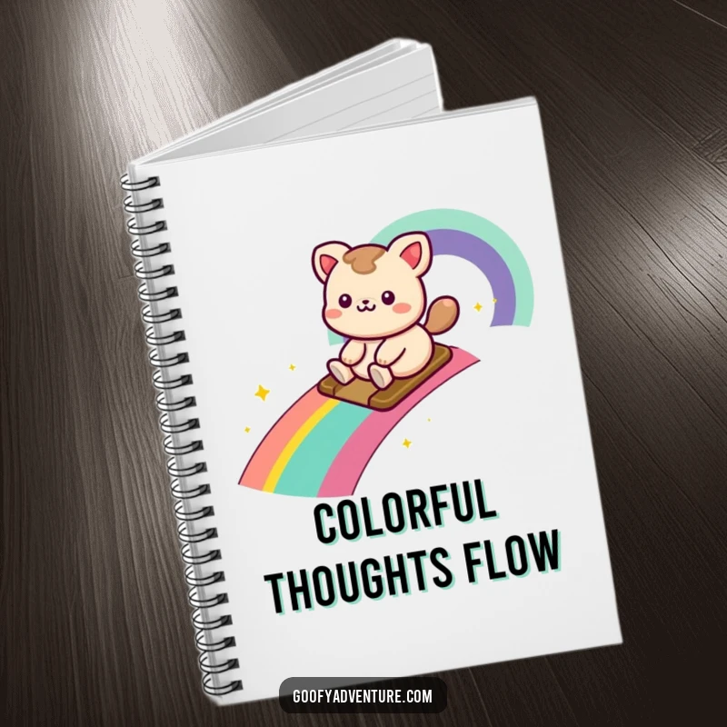 Funny kawaii animal character sliding down a rainbow trail, perfect for a humorous and inspiring notebook.