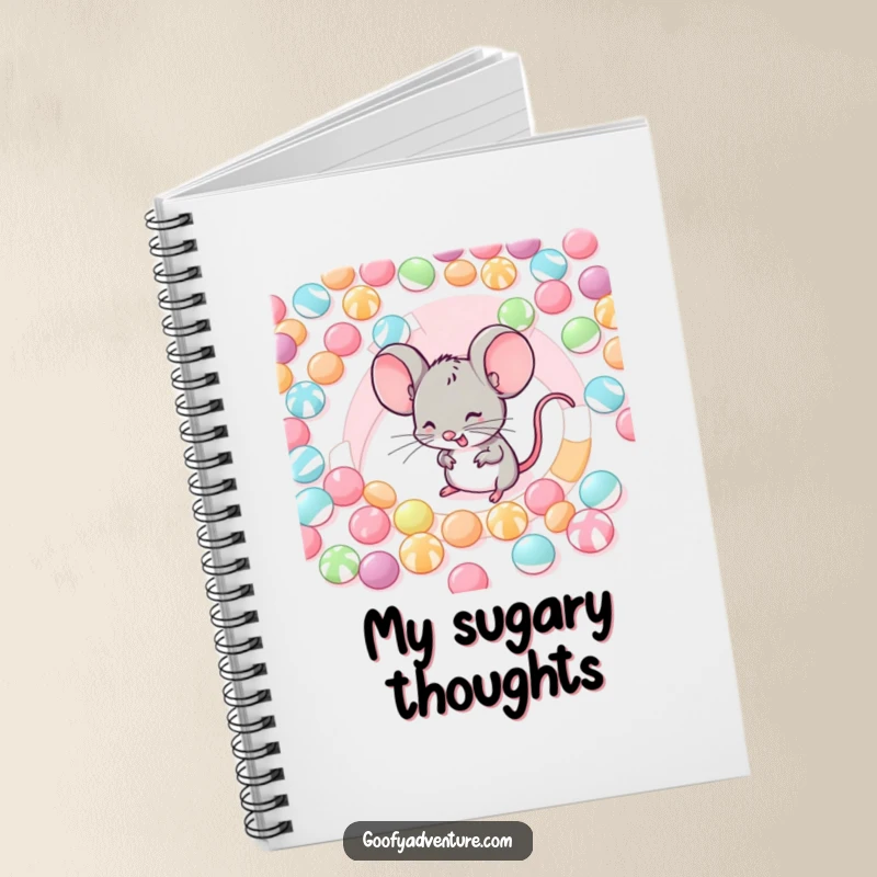 Funny notebook with a giggling mouse navigating a candy maze, ideal for jotting down sweet ideas.