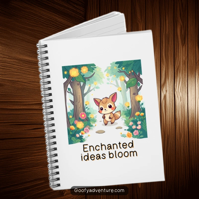 Funny notebook with a determined animal navigating a whimsical forest with glowing flora, perfect for documenting magical experiences.