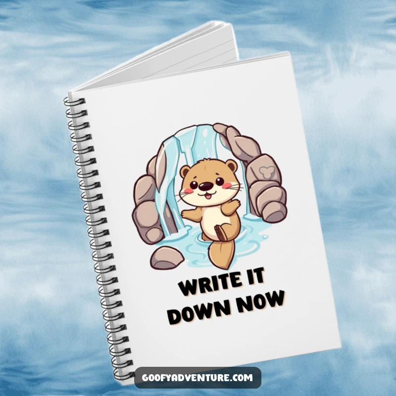 Funny notebook with a playful otter sliding down a waterfall entrance, designed for capturing fun ideas and playful thoughts.