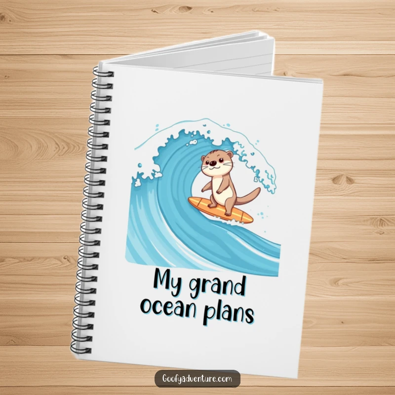 Funny notebook featuring a happy otter on a surfboard, expertly riding a large ocean wave.