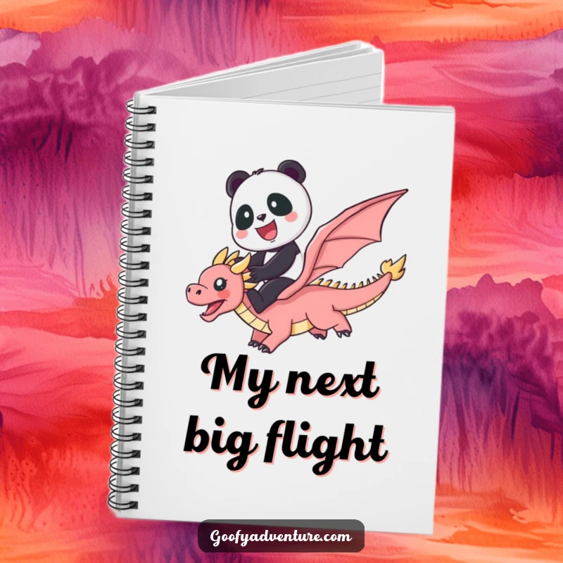 Funny notebook with a cute panda riding a flying dragon through a colorful rainbow, perfect for notes.