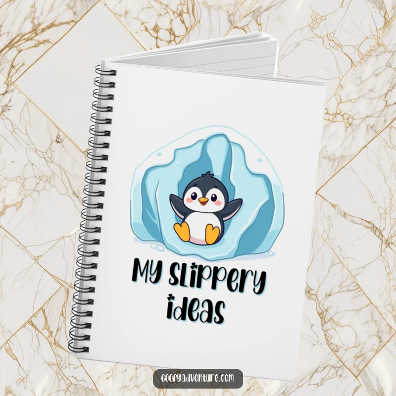 Funny playful penguin sliding down an icy glacier, spiral notebook, winter theme, great funny gift.