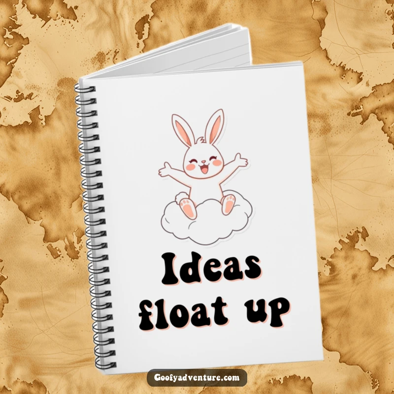 A whimsical notebook cover featuring a funny, cheerful rabbit riding a cloud with arms outstretched, perfect for jotting down bright ideas.