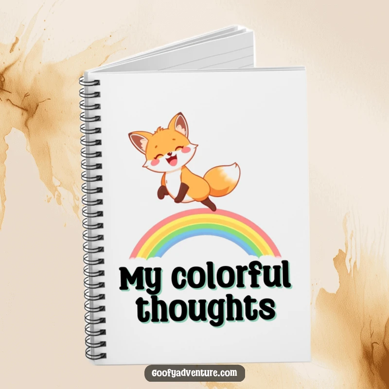 A vibrant notebook cover featuring a funny, happy fox leaping over a beautiful rainbow, perfect for capturing bright ideas.