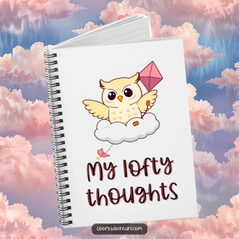 Funny Kawaii owl soaring on a friendly cloud-shaped kite fills this notebook, perfect for inspired writing.