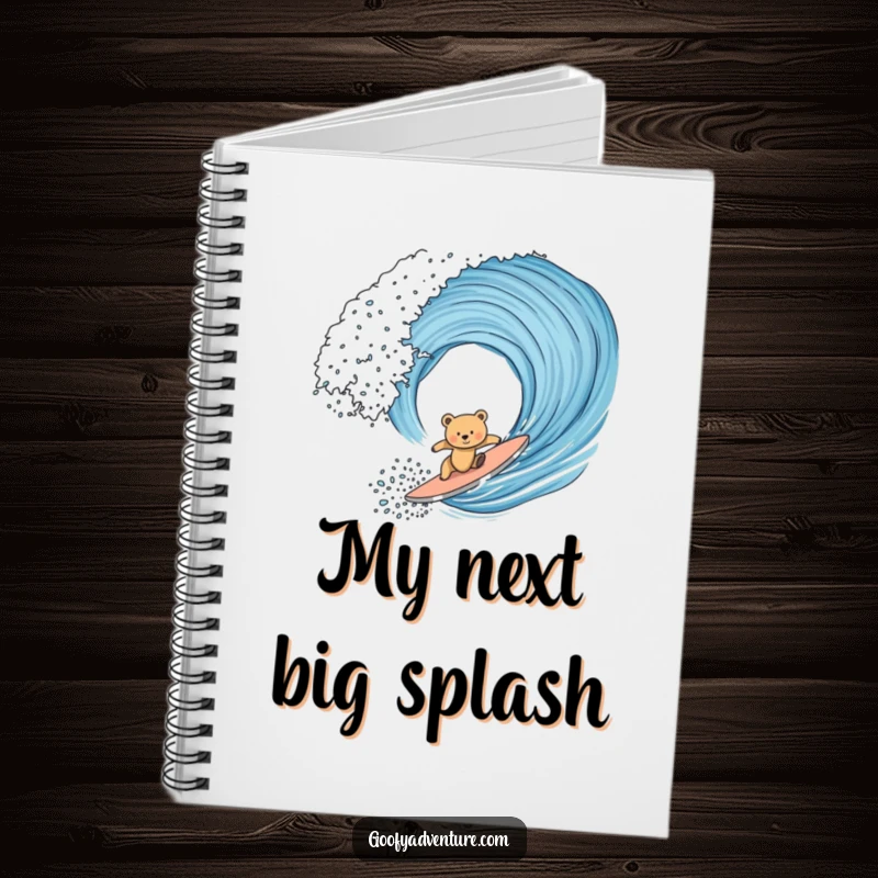 Illustration of a funny bear cub humorously surfing a giant ocean wave on the cover of a notebook, ready for creative thoughts.