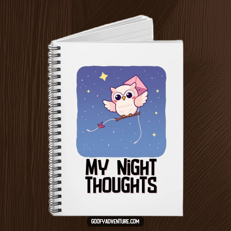 Funny kawaii owl character soaring on a kite through a starry night sky, depicted on a notebook cover for jotting down thoughts.