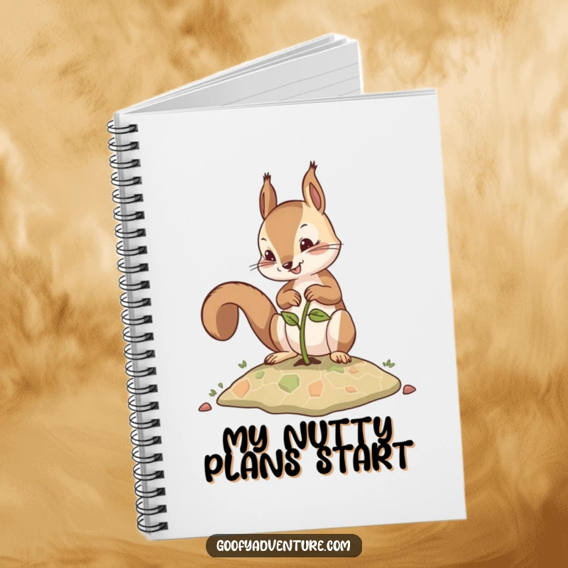 Funny notebook with a determined squirrel planting a seed that becomes a map, ideal for jotting down ideas.