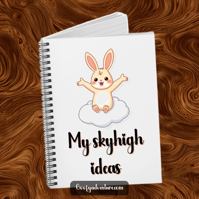 Funny rabbit flying cloud notebook with a cheerful rabbit riding a cloud with arms outstretched, ready to capture notes.