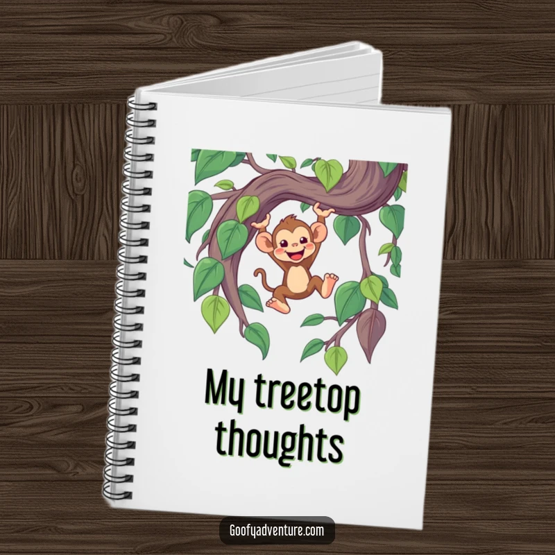 Funny notebook featuring a cheerful monkey character swinging from a giant, whimsical jungle vine.