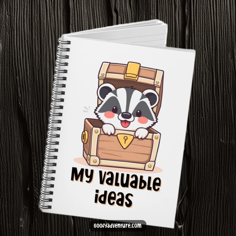 Funny notebook with a smiling badger peeking out of a treasure chest, ideal for recording ideas and plans.