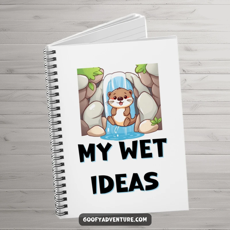 A playful notebook cover featuring a funny otter sliding down a waterfall entrance, perfect for jotting down bright ideas.