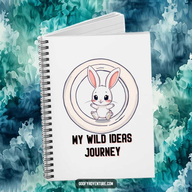 Funny notebook featuring a curious rabbit character preparing to jump into a swirling, dimensional portal.