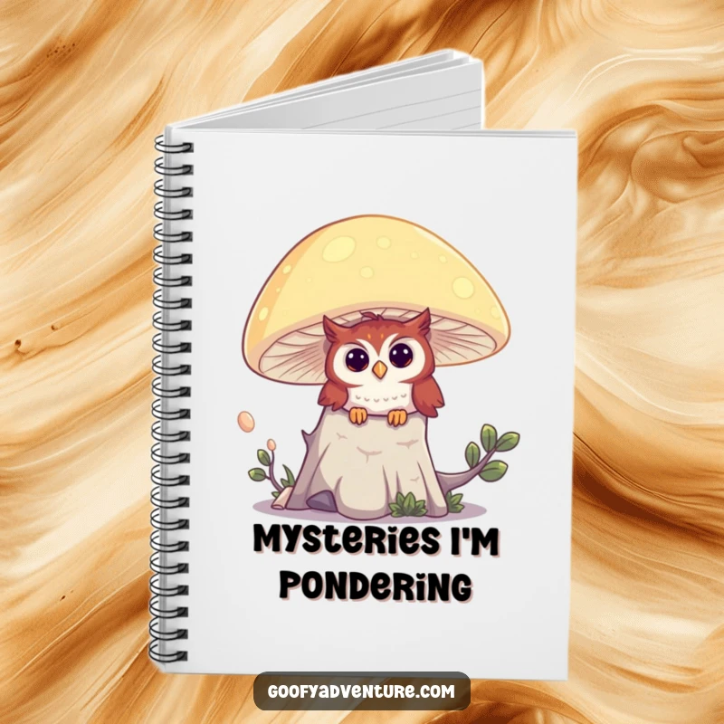 Funny notebook cover with a curious owl peeking from behind a glowing mushroom, ready to hold your magical thoughts.