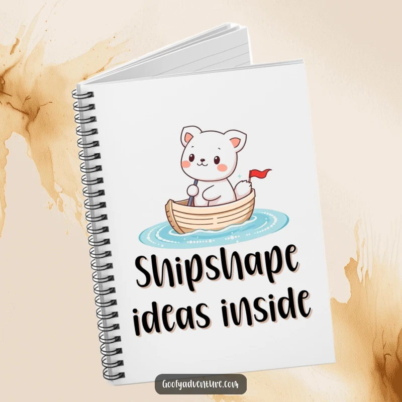 Funny kawaii animal character sailing a tiny boat on sparkly water, a humorous and inspiring notebook for ideas.