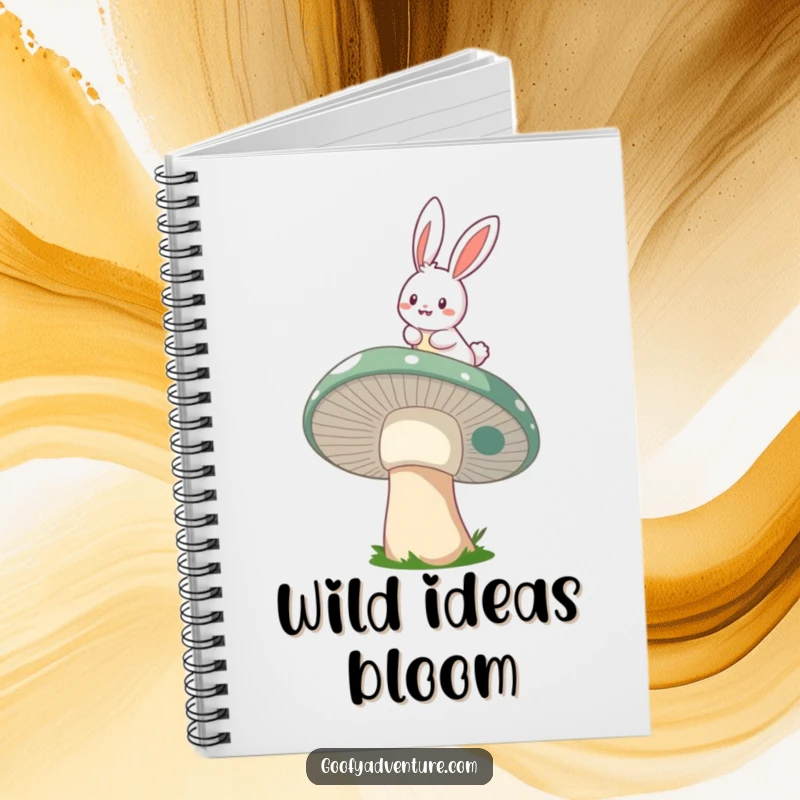 Funny bunny mushroom rider notebook, depicting a cheerful bunny riding a whimsical mushroom through the air, ideal for journaling dreams.