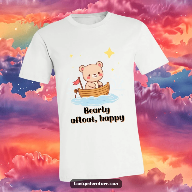 Funny t-shirt with a happy bear captaining a small boat across a serene ocean under a breathtaking expanse of twinkling stars.