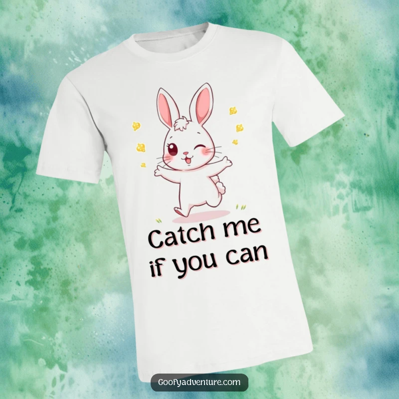 Funny Rabbit T-Shirt: An energetic rabbit playfully chases glowing fireflies in a game of tag, capturing joyful movement.