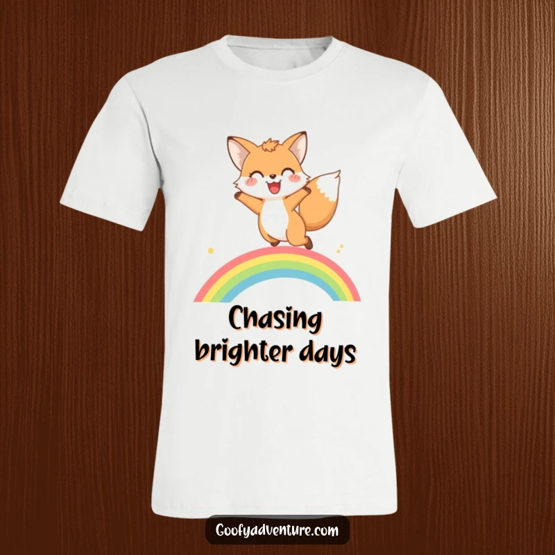 Funny fox rainbow leap t-shirt showing a happy fox mid-jump over a brilliant rainbow, conveying pure delight and freedom.