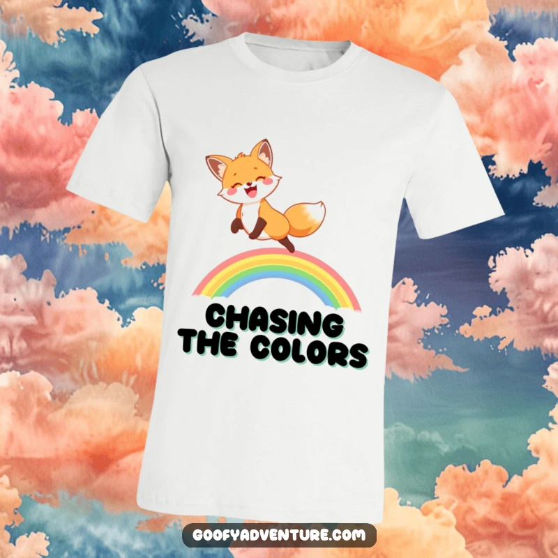 A funny, ecstatic fox mid-leap over a vividly colored rainbow on a comfortable and stylish graphic t-shirt.